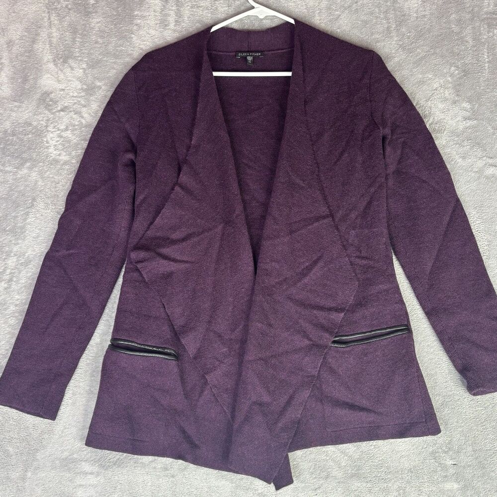 Eileen Fisher Cardigan Sweater Womens XS Purple Merino Wool Open Pockets Leather